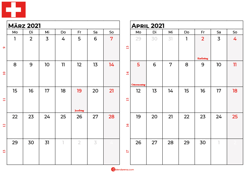 kalender märz april 2021 Schweiz