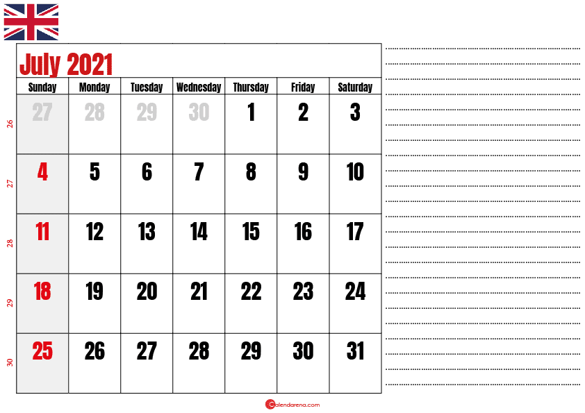 2021 july calendar notes UK