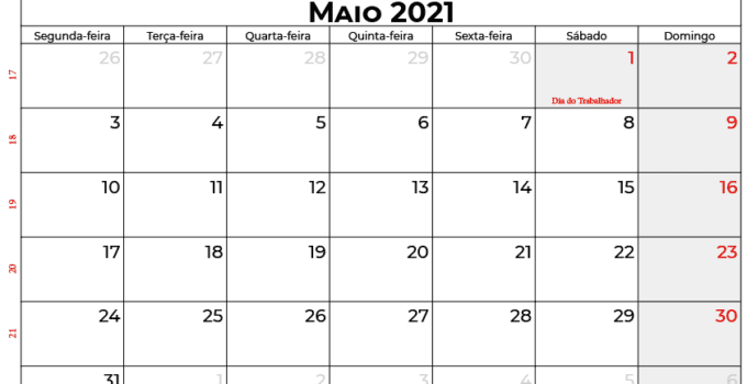 Calendário de Maio de 2021 Portugal