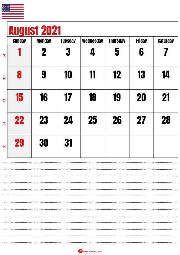 august 2021 calendar printable usa