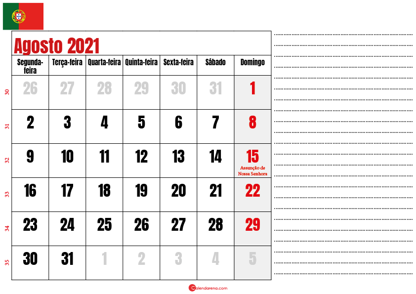 calendario agosto 2021 para imprimir portugal