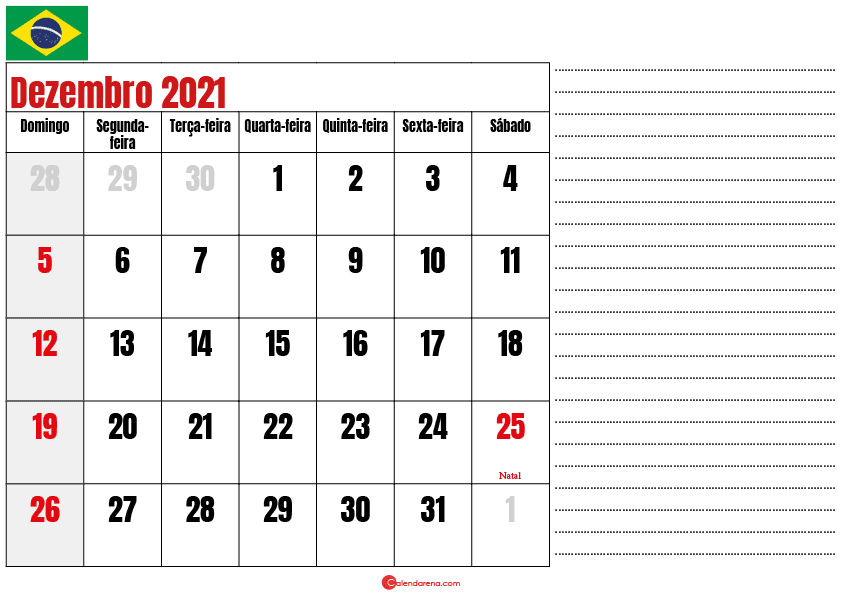 calendario dezembro 2021 para imprimir brasil