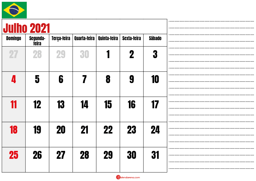 calendario julho 2021 para imprimir brasil