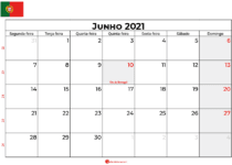 calendario junho 2021 Portugal