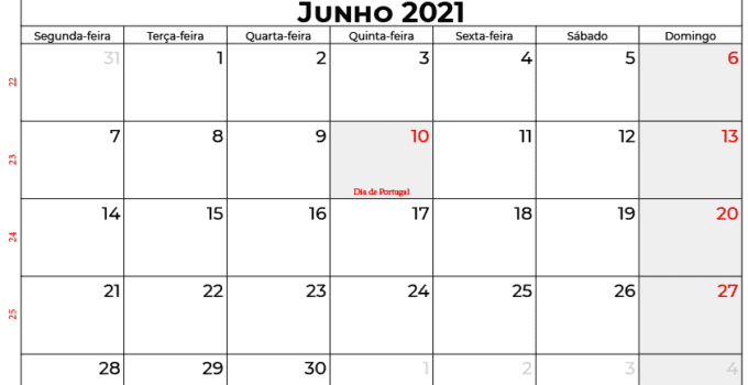 calendario junho 2021 Portugal