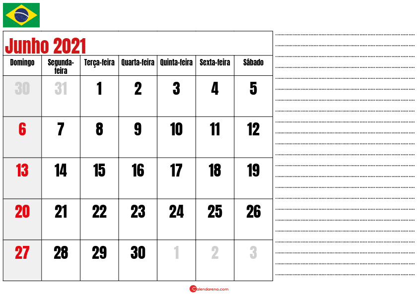 calendario junho 2021 para imprimir brasil