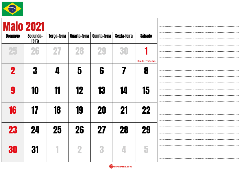 calendario maio 2021 para imprimir brasil