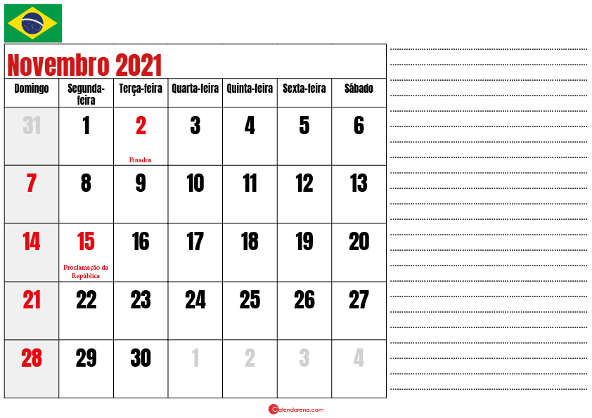 calendario novembro 2021 para imprimir brasil