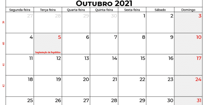 calendário Outubro 2021 Portugal