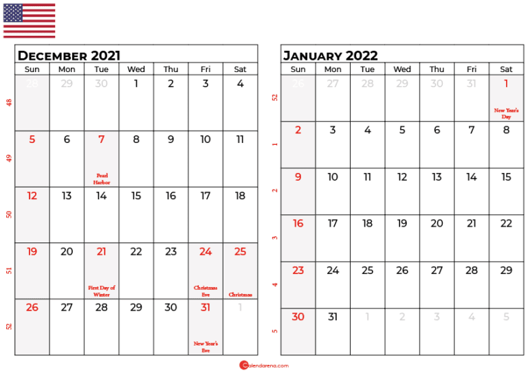 Download Free December 2021 Calendar USA
