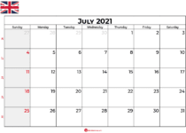 july calendar 2021 UK