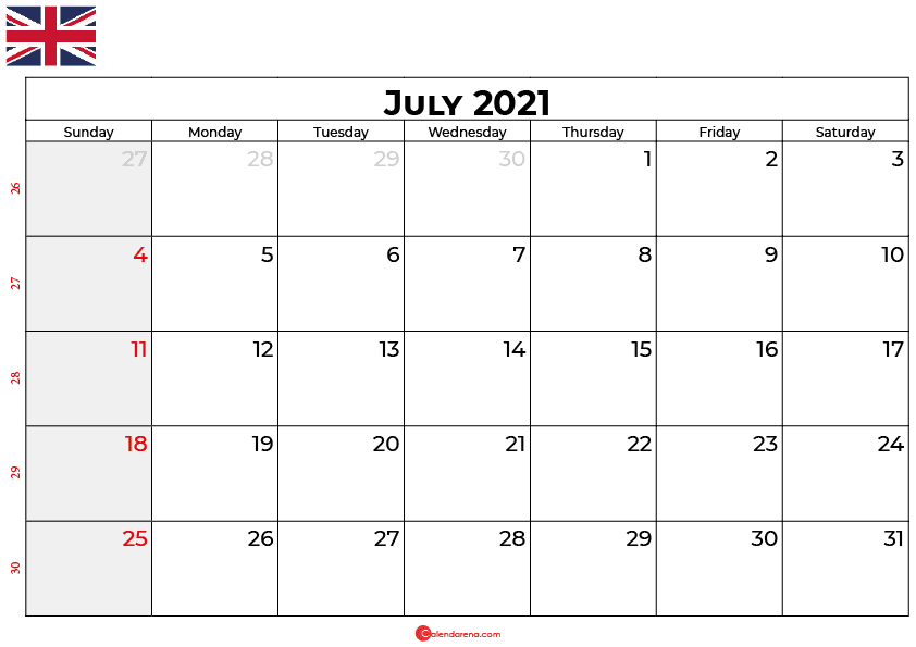 july calendar 2021 UK