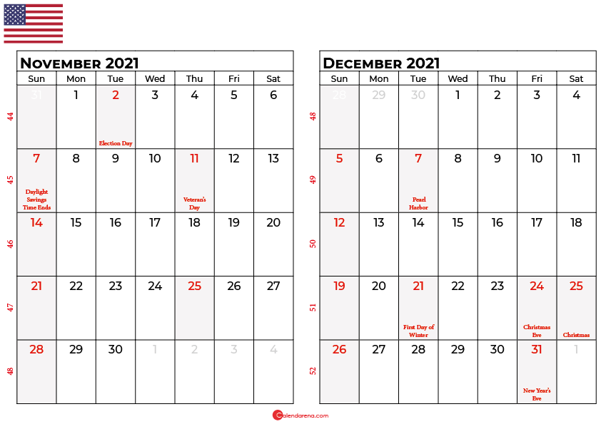 november and december 2021 calendar usa