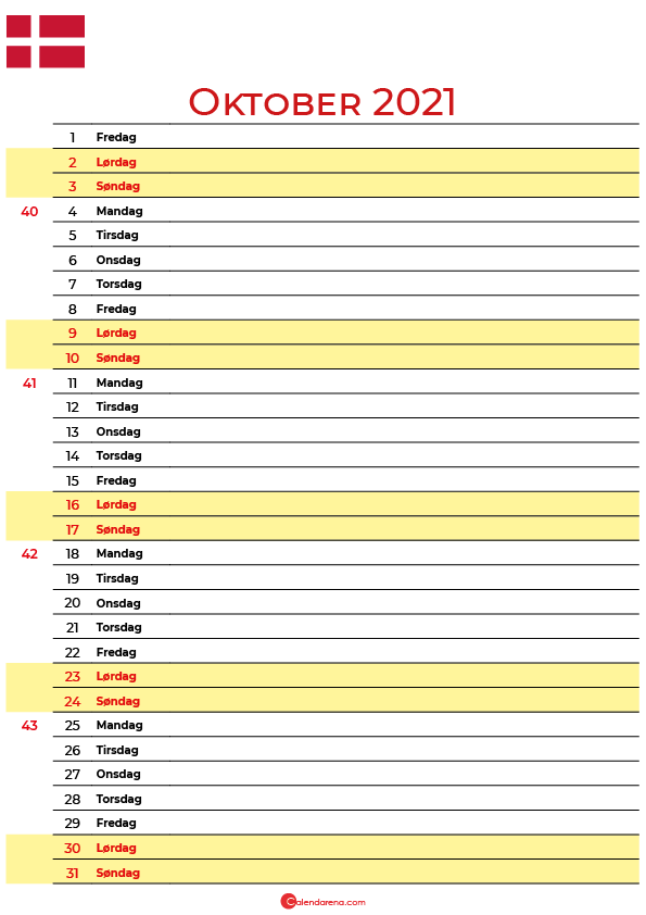 Download Oktober 2021 Kalender Med Helligdage Gratis