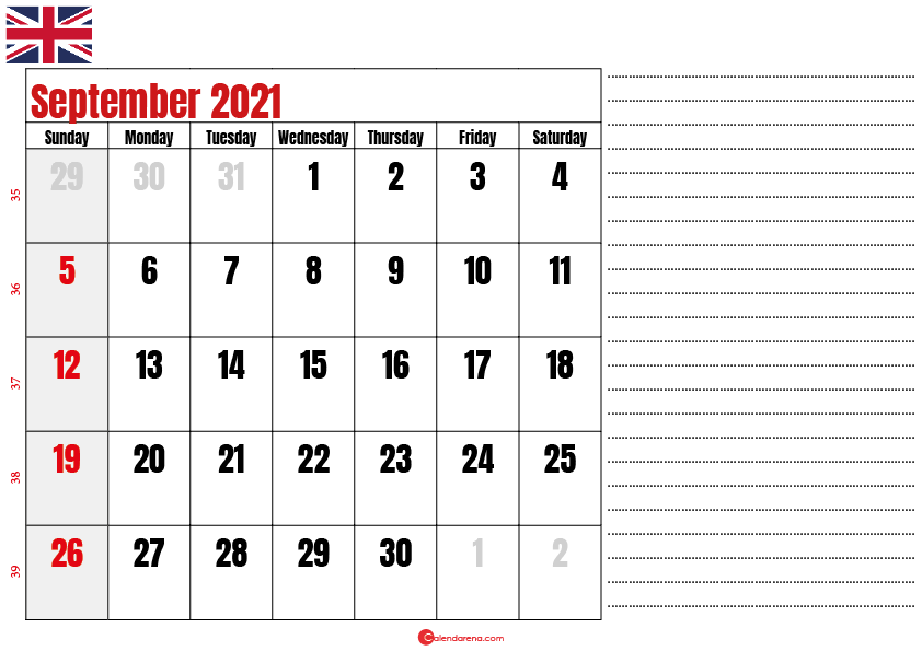 2021 september calendar notes UK