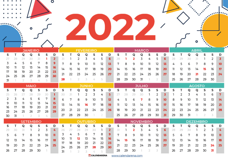 Calendário 2022 Com Feriados Para Imprimir Brasil
