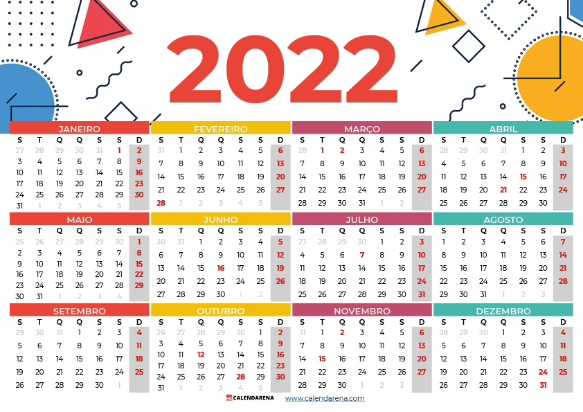 Calendário 2022 com números da semana Brasil