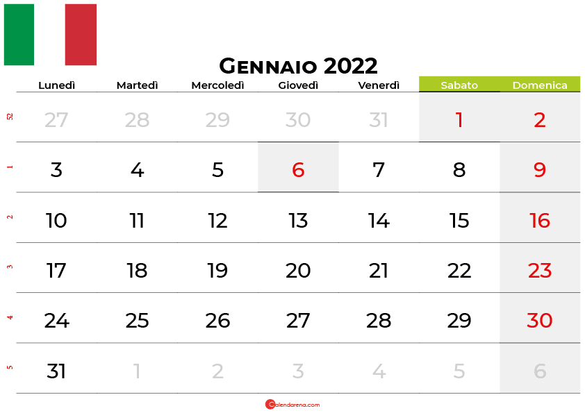 Calendario gennaio 2022