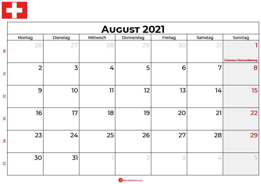 Kalender august 2021 Schweiz