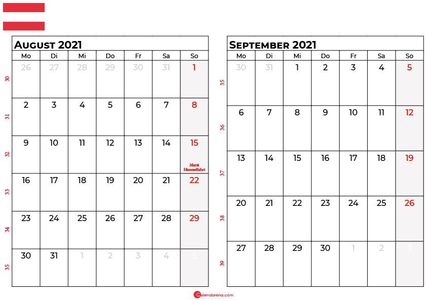 Kalender august september 2021 Österreich