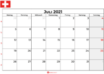 Kalender juli 2021 Schweiz