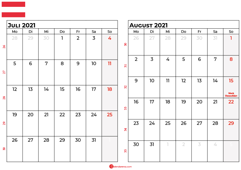 Kalender juli august 2021 Österreich