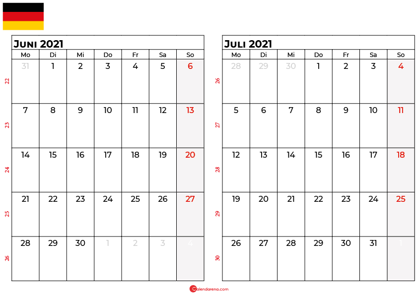 Kalender juni juli 2021 Deutschland
