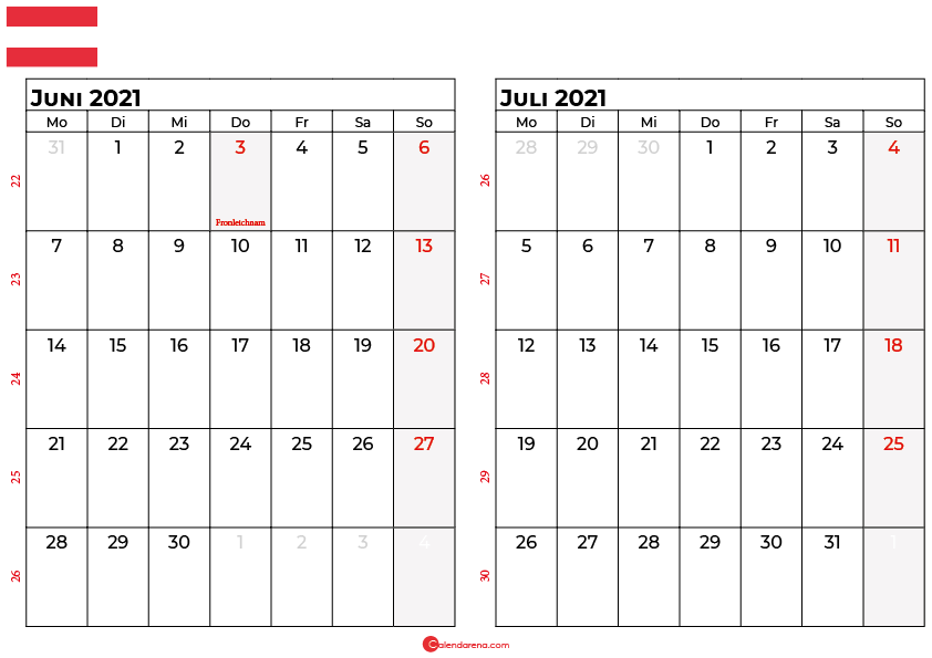 Kalender juni juli 2021 Österreich