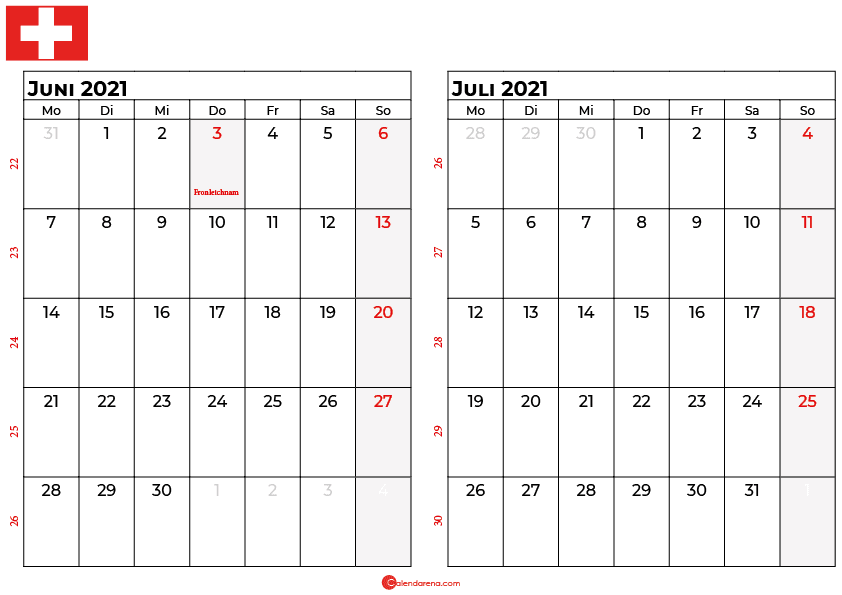 Kalender juni juli 2021 Schweiz