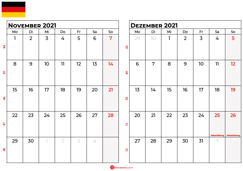 Kalender november dezember 2021 Deutschland