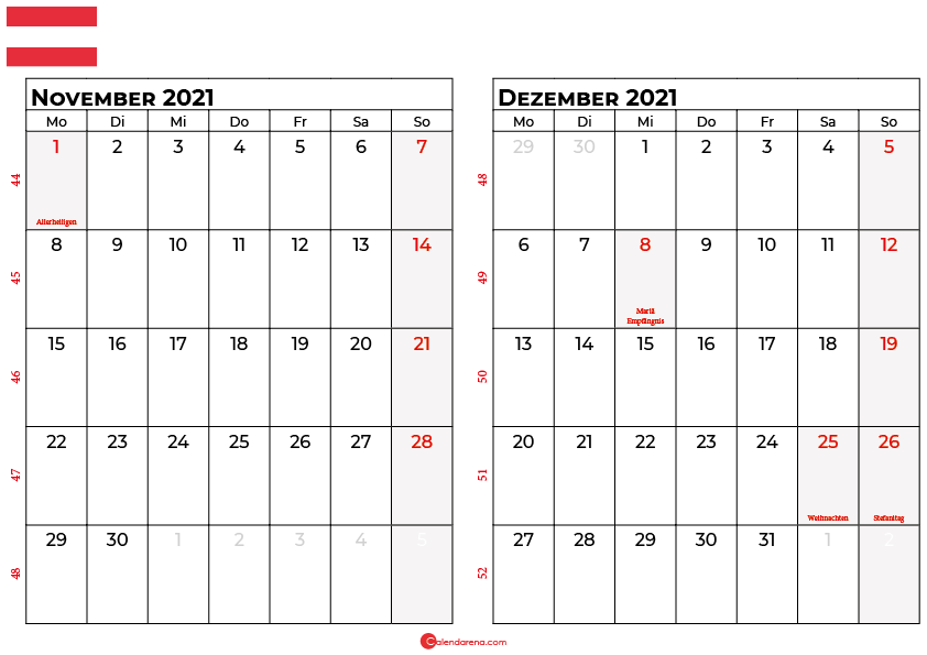 Kalender november dezember 2021 Österreich