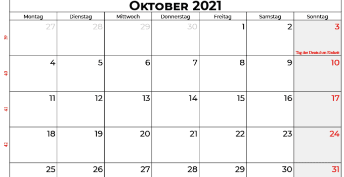 Kalender oktober 2021 Deutschland