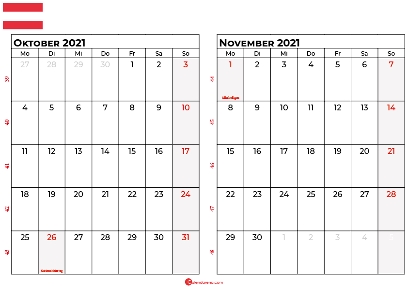 Kalender oktober november 2021 Österreich