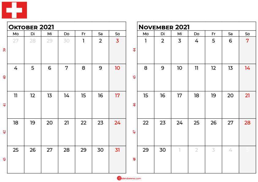 Kalender oktober november 2021 Schweiz