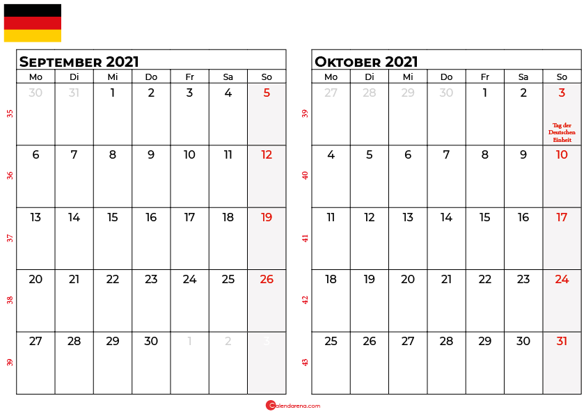 Kalender september oktober 2021 Deutschland