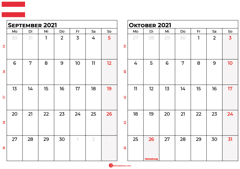 Kalender september oktober 2021 Österreich