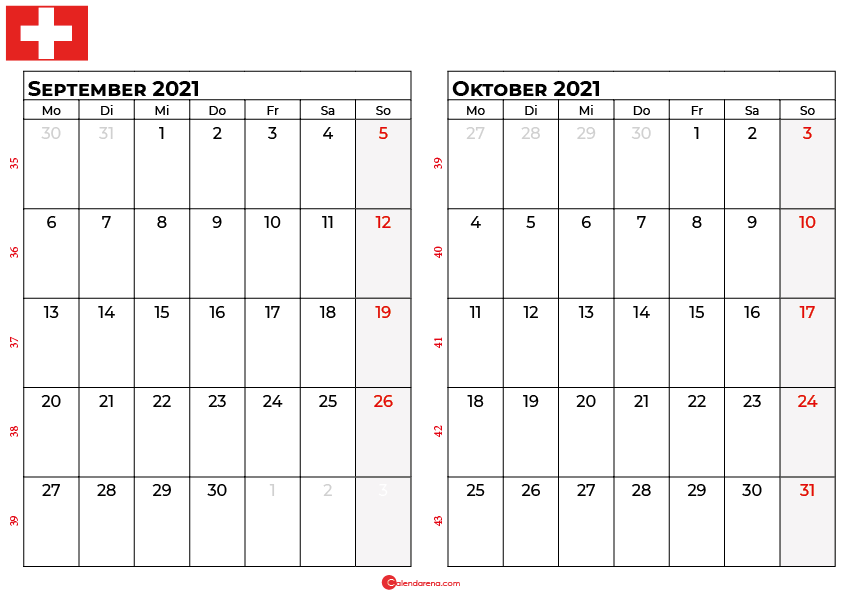 Kalender september oktober 2021 Schweiz