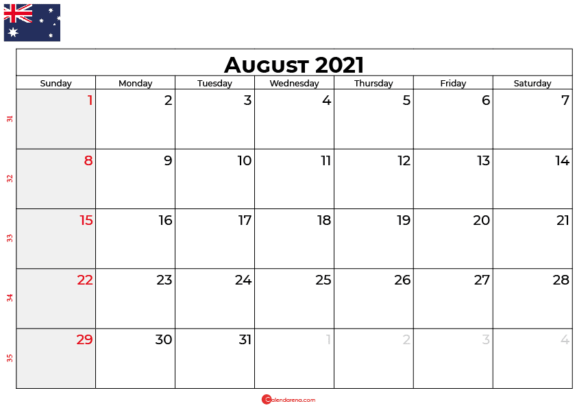 august 2021 calendar au