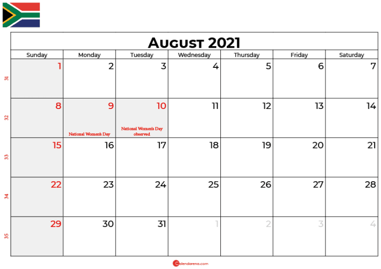 Download Free August 2021 Calendar South Africa