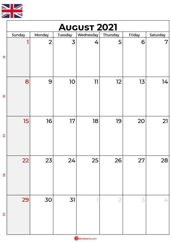 august 2021 calendar uk