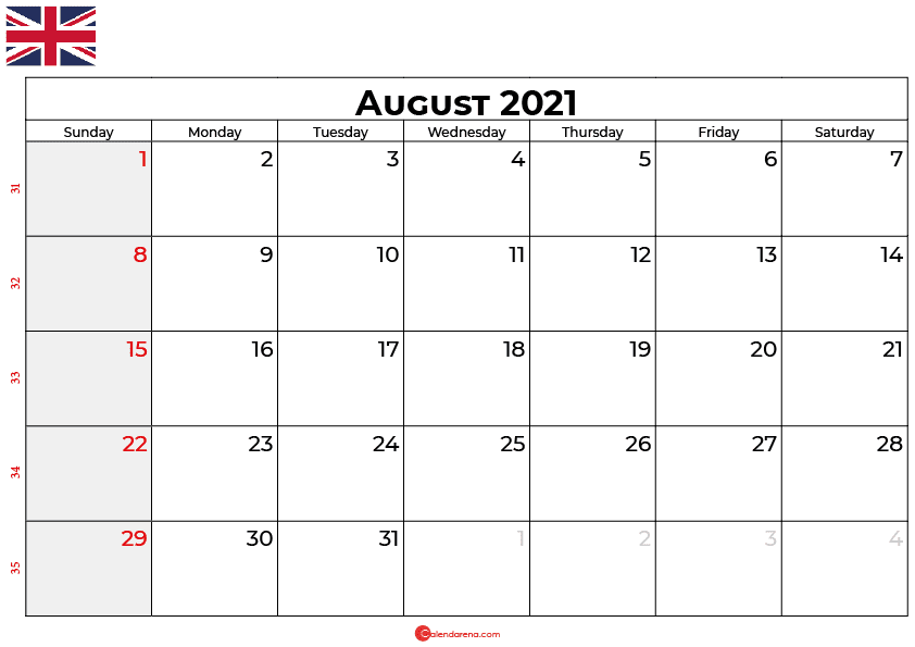 august calendar 2021 UK