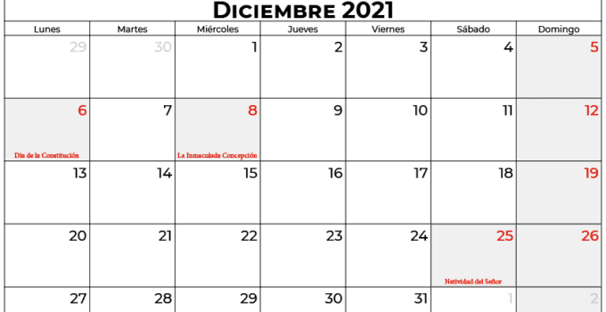 calendario 2021 diciembre espana