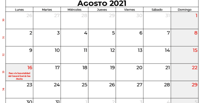 calendario agosto 2021 argentina