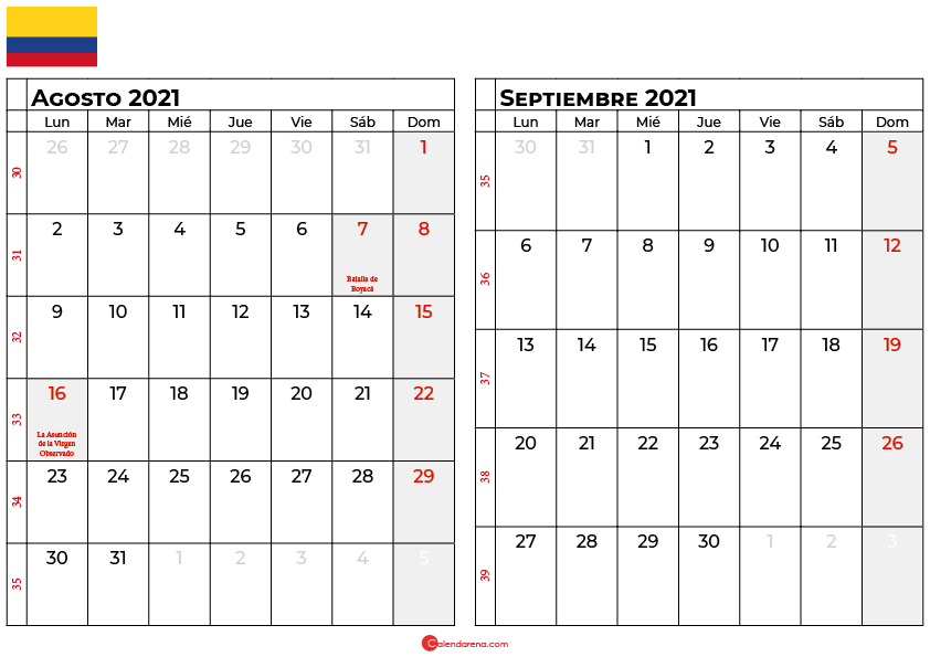 calendario agosto septiembre 2021 colombia