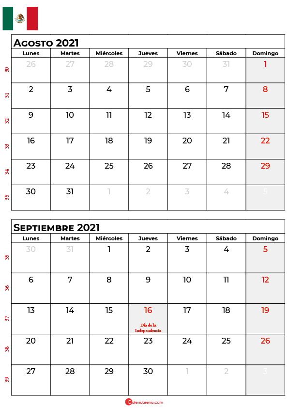 calendario agosto septiembre 2021 mexico