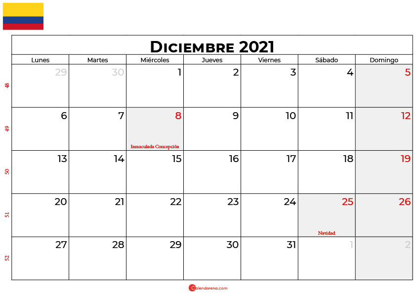 Calendario Diciembre 2021 Colombia Para Imprimir