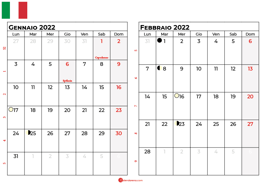 calendario gennaio febbraio 2022