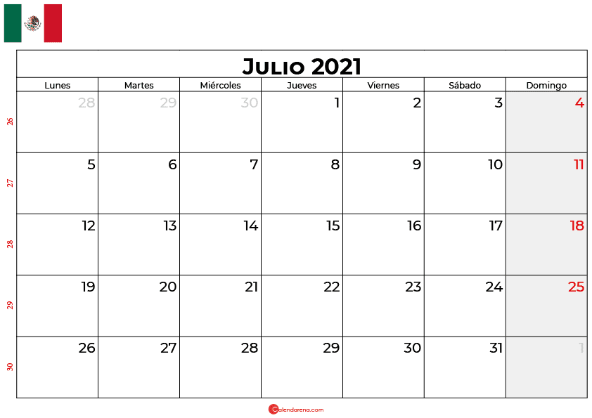calendario julio 2021 mexico