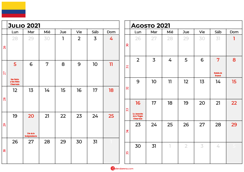 calendario julio agosto 2021 colombia