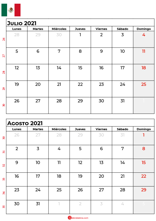 calendario julio agosto 2021 mexico